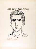 A portrait of Andrew Goodman.  His face is oval-shaped and expression slightly worried.  His hair looks swept to the side via a series of long brush strokes.  Above his portrait is his name written in orange-brown ink.