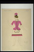 This costume design consists of a short-sleeve, pink top with a peplum over knee-length skirt with a pink hem. The right side of the top has a brown edge, including the hem of its sleeve. There is also a brown stripe between the pink hem and white skirt. A jaunty beret with pink feather appears on the head of the dancer.