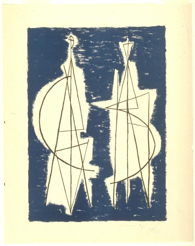 In this vertical print there are two side-by-side abstract line-drawn figures on white, against a dark blue background. The figures appear to be engaged in conversation.