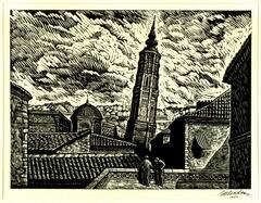 In this print we see a view of a city from the rooftop. In the foreground, two men standing on a balcony stare out at a city. A tall belltower emerges from the middle and leans to the right. In the background are smaller buildings and clouds fill the sky.