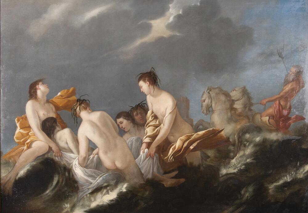 In dark turbulent waters under a stormy sky four nude sea nymphs support the body of a long-haired man between them on a white shroud. The face of a man with kelp in his hair appears between two of the nymphs.  On the right a bearded man with a trident in his right hand rides in a chariot fashioned from a seashell and pulled by two fished-tailed horses or hippocampi. Just visible in the distance behind the back of the rightmost nymph, a lofty tower rises above the waves.