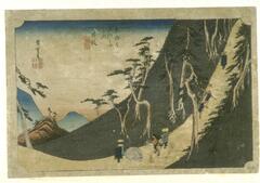A mountain path which forms a diagonal of the print. Several travelers are walking along the road with trees on both sides.