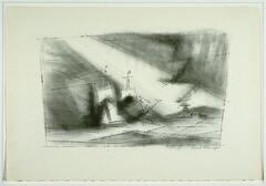 This is a black and white abstracted view of a ship with white sails. Most of the area around the ship is shaded, except for a beam of light that cuts diagonally across the print from top left to bottom right.
