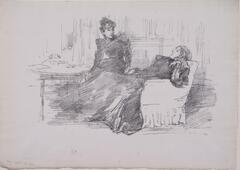 Two women dressed in dark clothing sit in an interior setting. The nearer woman leans far back in an armchair, head resting on her left hand, legs crossed. The other woman is sitting more upright at the center of the composition. The women look at one another in an attitude of quiet conversation. To the left of the composition is a round table.