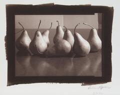 Eight pears in a row, some on their sides, some standing up.