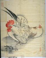 There is a rooster standing and facing&nbsp;a clump of grass while a hen is sitting behind it facing the opposite direction. There is a seal in the top left corner of the painting and a seal and signature in the bottom right corner.