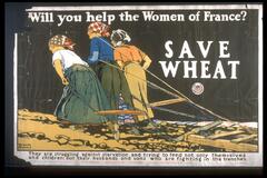 Text: Will you help the Women of France? SAVE WHEAT - They are struggling against starvation and trying to feed not only themselves and children: but their husbands and sons who are fighting in the trenches. - United States Food Administration