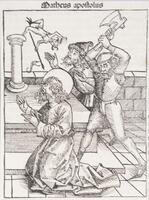 A haloed man kneels in three-quarter profile in the left center of the foreground of the composition. A male figure stands behind the haloed figure in a wide stance with an ax raised above the kneeling figure's head. In the background is another male figure wearing a pointed hat and a jester or demonic figure shown falling of a column in the distance in the upper left.