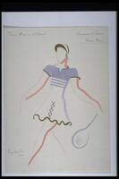 This costume design shows a lithe young woman in a short-sleeved blue and white striped top and a high-waisted white, short skirt with blue hem and black criss-cross lacing moving vertically up from the hem, almost to the waist. She also wears a white and black cap or visor.