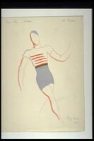 This is a drawing of a costume design on an off-white background. A faceless outline of a standing male figure, without hands or feet, is dressed in tight-fitting, high waisted blue shorts with a black waistband, and a tight-fitting short-sleeved white shirt with red horizontal stripes.