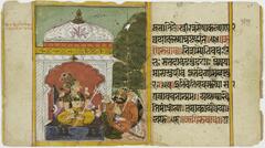 The painting is part of a manuscript page. The painting occupies the left side of the page while the text occupies the panel on the right. The painting features Devi in the foreground who receives a demon warrior. Devi holds a white trident in one of her four arms while another arm holds a cup. She sits in front of a domed white marble structure, facing the demon warrior, who has a sword and bow and arrow.
