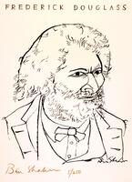 Black and white lithograph, three quarter portrait representation of Fredrick Douglass: A man is potrayed with curly hair and beard, a stern facial expression, and a formal suit and bowtie.  His head and gaze is turned to the right of the piece.  The words "Frederick Douglass" border the piece along with two copies of the artist's signature and the screenprint number .