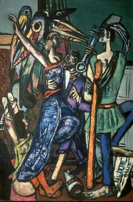 <p>Interior composition with male and female dancers positioned at center with seated female at lower left, standing male on crutches at right and a group of birds in the leftmost background.</p>
