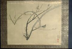 There is a plum branch with a bird on it. The branches are really thin with tiny flowers on them. In the bottom right corner, there is a signature and a date. Surrounding the paper is a&nbsp;border with gold flowers for the design.