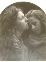 A portrait of two women; the woman on the left kisses the forehead of the younger woman to the right, who looks down. They both wear draped fabric.
