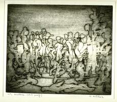 This is a black and white print of abstracted human figures gathered in a group.  Several of the figures lay on the ground.