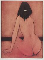 Outline of a nude woman with dark hair, seated, viewed from the back, against a reddish background.