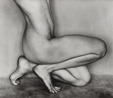 Profile view of the torso and legs of a kneeling female nude, with one knee resting on the ground. The figure's form is located in an empty setting where the blank wall and floor meet.
