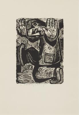 This woodblock print depicts a man in trousers and a jacket compacted into the space of the print. The man is kneeling on his left knee while his right foot is raised and pushed up against a surface on the left of the image. Both of his arms are raised, with the left jutting out towards the viewer and the palm of his hand is fully visible. The numbered and print is signed (l.c.) "3 Pepe Ortega" in pencil.