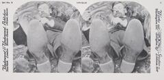 This black and white stereoscopic image features two images of a man lying on his back and reading, shot from the angle of his feet.  It is surrounded by the text: Set No. 8; Underwood &amp; Underwood, Publishers, Unique.<br />