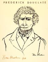 A man is potrayed with curly hair and beard, a stern facial expression, and a formal suit and bowtie.  His gaze and head are centered.  The words "Frederick Douglass" borders the piece along with the artist's signatures and the screenprint number.
