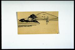 This is a drawing of a landscape, drawn in black. There are mountains in the background and birds flying in the sky. There is a body of water in front of mountains, and a sailboat in the water. There is a patch of land on the left side of the card, with trees. This drawing is on tan paper and would have been used as a place card at an event such as a dinner party. 