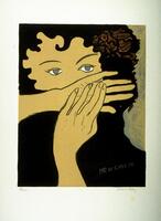 This print shows a woman with black curly hair from the shoulders up; the woman, dressed in black, has a decorative flower in her hair on the left side. She covers her mouth and nose with both of her hands. Her right hand rests horizontally across her face with her palm facing outwards. Her left hand rests on top of her right hand, forming a T shape. 