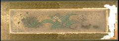 This panel painting is framed in a thick gold that has a cloud design. Closest to the painted paper is a thin frame of gold. The painting depicts what appears to be a Japanese blueberry branch. The panel is badly damaged. It is similar in style to&nbsp;1955/1.97.&nbsp;