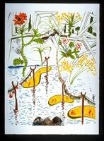 This print depicts a series of elements in a watery landscape. There are two tree-powerlines coming from the bottom left and right that have red fruits hanging from them. Below, there are large yellow shapes, outlined in green, with figures drawn in red. At the bottom, in the center, there is a collaged image that is abstract. There is a horizon line at the center of the print with a distance mountain range at the left. Above, there are a series of flora and fauna, red and yellow flowers and leaves and a collage and painted dragonfly. The background looks like a structure, designed in green lines, with another landscape behind it. The print is signed (l.r.) and numbered (l.l.) in pencil.