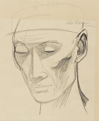 This drawing shows the head of a man. Sketched lines with shading around cheeks and eyes, which are closed, create the visage.  A faintly visible hat is sketched on the head. The drawing is signed (u.r.) "Anton Refregier." It may also say "San Francisco" although the handwriting is not clear.