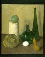A painting of two green bottles, a pear, an egg, a shell, and several other objects on a flat brown surface.