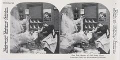 This black and white stereoscopic image features two images of a little girl sleeping in a bed by a snow-covered window.  Sleeping next to her is a seated woman and to her left is Santa.  It is surrounded by the text: Christmas Set; Underwood &amp; Underwood, Publishers; Our Pets dream of Old Santa Claus, copyright 1897 by Strohmeyer &amp; Wyman.<br />