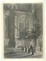 This drawing depicts part of a large, Gothic-style church with lancet windows and buttresses, seen at night. Around the exterior of the building are two trees, a lamppost, four bollards, and a person seen in silhouette. A light source outside the image illuminates part of the church’s large arched window, and casts long shadows that fall to the left side of the composition. <br />
Inscribed on the recto, in pencil, in the image, “M. Bone / Amsterdam”