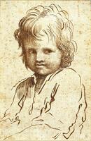 A young child is seated facing out toward the viewer and looking to the right. The shading and details of the face are created with multiple pen strokes but the torso is suggested by just a few.