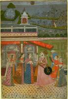 The painting is divided into two panels. The lower panel depicts the Raja with six females in the courtyard of a palace. The Raja stands with a sword and shield. The palace is decorated colorfully, which contrasts with the upper panel which is monochromatic blue. The upper panel depicts a procession scene, which includes figures on horses and an elephant as well as a shrine.