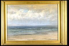 This pastel drawing shows a seascape with a beach and body of water, and clouds overhead. The drawing is signed and dated (l.l.) "D.W. TRYON 1906".