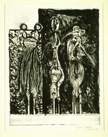 This print shows three abstract figures that are roughly the same height, lined up next to each other. Each figure has a distinct shape, but they are similar in overall form. They are positioned in front of a textured background that is more detailed on the left third of the print and less so on the right two thirds of the background. The print is signed and editioned by the artist (l.r.) "Graham Sutherland / épreuve d'artiste". 