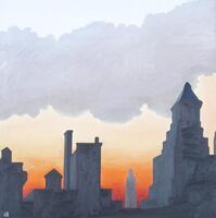 An oil painting of New York City skyscrapers against a sunset. A large cloud is set in the middle of the sky.
