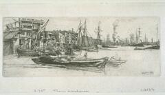 A horizontal view of a riverside congested with buildings and shipping on both sides. The river recedes to the center right; at the far distance is the billowing smoke of a steam tug and the dome of a distant church. In the foreground are low barges with figures standing or working. Along the lefthand bank are warehouses and other buildings, many with signs indicating that the proprietor makes sails, rope, and other naval implements.