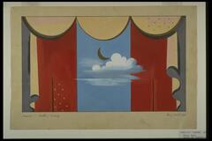 This is a horizontal drawing of curtains for a stage with green swags. Red curtains are at left and right. The center is light blue with clouds floating over both the blue and the red curtain to the right. 