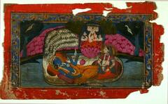 Two central figures are on a large snake; one a reclining blue-skinned figure, the other a seated female to his right. The female figure is holding his feet. A lotus flower grows out of his navel and from the lotus, a four-headed figure. The background is a landscape.
