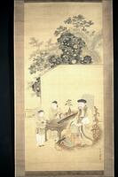 In the lower third of the hanging scroll are three figures. Tao Yuanming is the larger figure on the right with his two attendants on the left. They are divided by a table. In the background is a screen which separates the figures from the landscape.