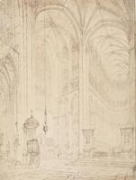 This highly detailed drawing in a vertical format depicts the interior of a gothic cathedral looking up at the soaring rib-vaulted ceiling. It appears as though every brick and architectural detail is rendered. The image provides a view into the choir and a transept to the right, which is decorated with a very ornate rose window. <br />
