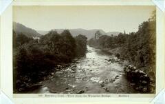 This photograph depicts a river lined with trees. Water passes over rocks in the foreground, while faint hills reach to the sky in the background. 