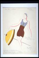 This costume design shows a woman in a one piece bathing suit with a blue tank top and brown, high waisted, mid-thigh length shorts. An umbrella rests on the ground behind her. 