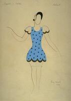 This drawing is a costume design on an off-white background. The costume has a fitted bodice, very short skirt, and short sleeves. The hems of the sleeves and skirt are scalloped. It is light blue with dark polka dots except for the sleeves, which are white. 