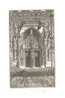 The vertical rectangular space of the image is completely filled with a detailed rendering of a section of an intricate Gothic portal façade. In the foreground a checked tile floor creates a recession into the space. In the center of the composition two doors are framed by a high, pointed arch. The space of the arch is filled with fine cut-out ornamental stonework. Arched niches containing figural sculptures flank each side of the main archway, and one also separates the two doors. The top of the image is framed by two rows of geometric ornamental decor. <br />
Beneath the image is an ornamental panel of simulated marble, on which the title of the image is written in gothic script: "Eglise Notre Dame / Les Andelys".<br />
Signed and dated: "John Taylor Arms / 1946"