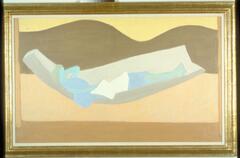 Painting depicting a featureless female figure, in tones of aqua and light blue extending across the center of the canvas in a light gray hammock. There is a bright white shape, perhaps a book, in the middle of the figure. Behind the figure, the rest of the composition is organized in horizontal sections. At top, a yellow sky; below that are two gently-curved mountains in dark brown, followed by two horizontal planes of color in tan and light brown. KM