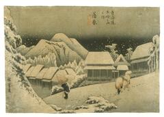 In this print, sophisticated use of soft lines, rounded forms, dark sky, and subtle tones convey the utter silence and weariness of the figures as they trudge through the night-time snow near Kambara.
