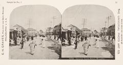 This black and white stereoscopic image features two images showing a city street filled with pedestrians. There are telegraph poles and wires running along the street.  It is surrounded by the text: Sample Set No. 1; C. H. Graves, Publisher and Gen’l Manager; 4858 Jamaica, Queen Street, Kingston.   <br />